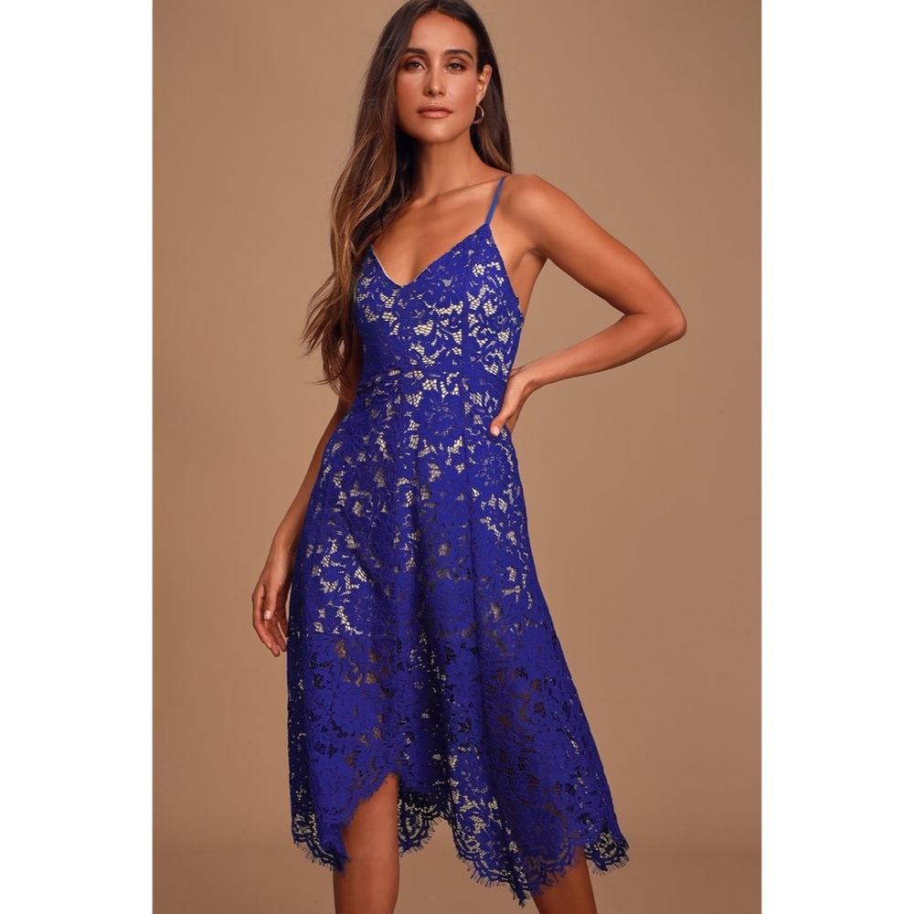 Lulus One Wish Royal Blue Floral Lace Midi Dress
